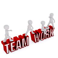 White figures, on the red and white, 3d "TEAM WORK" sign, clipart