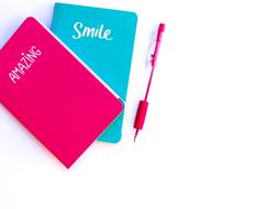 Pink Blue Notebook and red pen