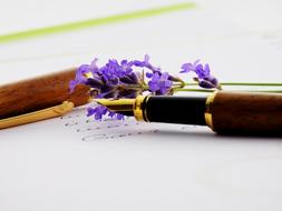 lilac branch and wooden fountain pen