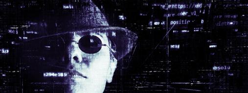 Portrait of a hacker with glasses and hat, at black background with code