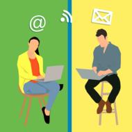 e-mail message, man and woman with laptops divided by wall