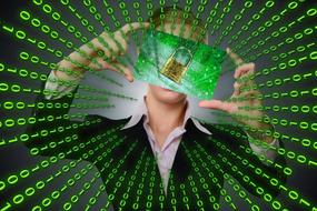 Woman, holding banner with the lock sign, in green matrix, clipart