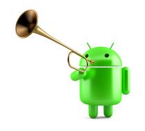 android system logo playing trumpet, 3d render