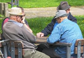 Pensioner men, in the hats, playing domino game on the table, among the green meadow