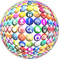 Ball, with the colorful, shiny icons of social media, at white background, clipart