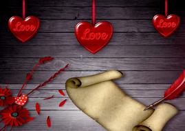hearts, paper and pen, vintage valentineâs day greeting card
