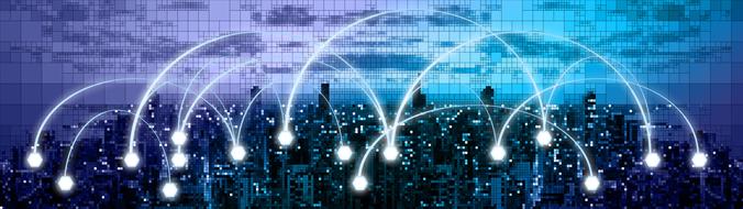 City with the lights, at colorful background with the network in the sky, clipart