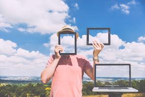 person taking photo with gadgets, collage