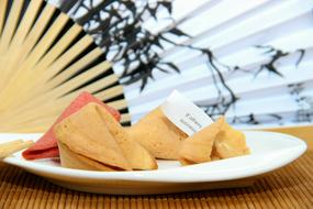 Beautiful and colorful fortune cookies, with the message, on the white plate, near the bamboo