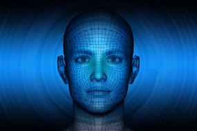 digital grid on the face of a man on a blue background