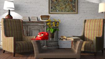 red desk phone in vintage interior of living room, render