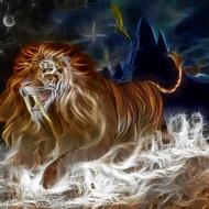 Beautiful and colorful drawing of the lion tiger at background with the rocks