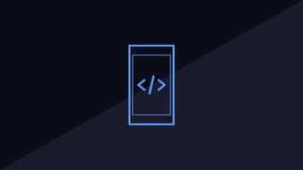 website programming, blue smartphone at dark background, drawing