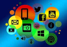 communication online, colorful circles with internet icons