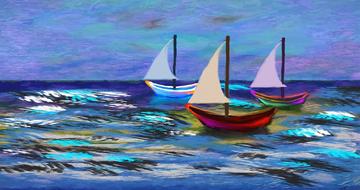 three colorful sailing boats on sea, digital art