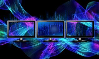binary code and three monitors at abstract blue fractal drawing