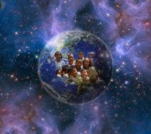 happy children on blue planet in space drawing