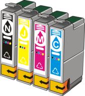 Colorful ink cartridges, with the signs, at white background, clipart