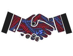 unity of community, word cloud in handshake icon