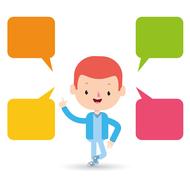 cartoon man surrounded with speech bubbles