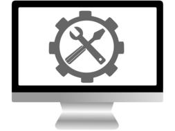 computer repair service, tools in gear on monitor, icon