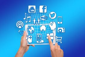 social media icons above tablet in hands, collage