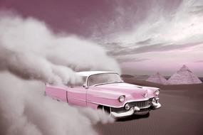 vintage pink Cadillac Car speeding in Desert, digital art
