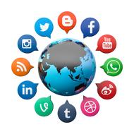 social media icons around globe, 3d render