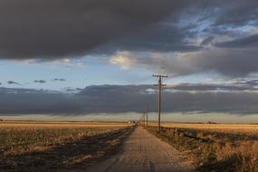 telephone line along soil road at Sunset in Countryside, usa, colorado