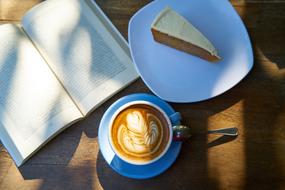 dessert and coffee in a blue cup for a cozy morning