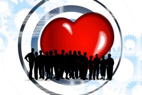 Silhouettes of the people and shiny, red heart, at background with blue gears, clipart