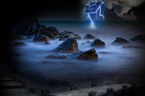 lightnings and ocean at night rough