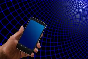 Black phone with blue screen, in the hand, at blue and black, checkered background, on clipart