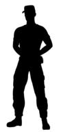 Black silhouette of a soldier in uniform, at white background, clipart