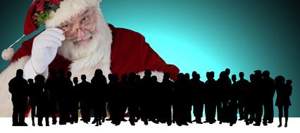 Silhouettes of the people, near the smiling Santa Claus, with the glasses, at turquoise background, clipart