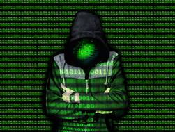 Person in black hood, in green binary code, clipart