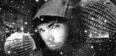 Black and white portrait of a hacker in hood, among the binary code