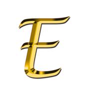 Beautiful, glossy, gold "E" letter, at white background, on clipart