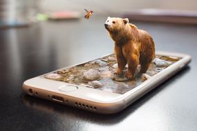 Cute, beautiful and colorful bear and flying bird in the rocky river, in smartphone