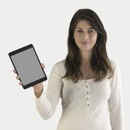 brunette holds a tablet in her hand