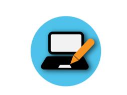 Yellow pen and black and white computer, at blue circle, at white background, on clipart