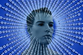 digitization, binary code in front of human head