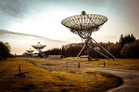 Beautiful and colorful landscape with the radio telescope, among the colorful plants in Westerbork, Netherlands