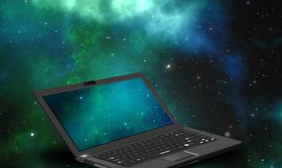 black laptop and blue-green universe