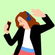 music, dancing women with smartphone and headphones, drawing