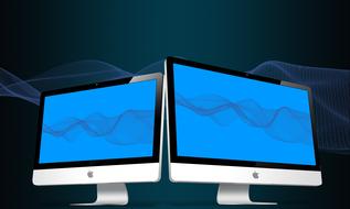 two white Monitors with blue abstract wallpapers, render