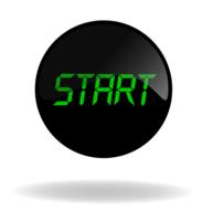 Green, digital "START" sign on a black circle, at white background, on clipart