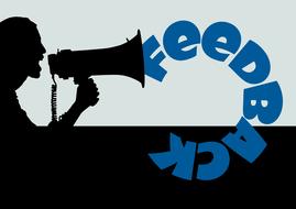silhouette of person with megaphone and feedback lettering around circle