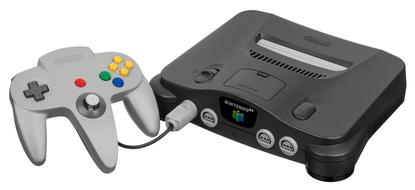 Black, retro Nintendo console and grey gamepad