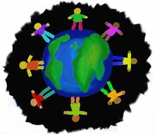 Drawing with the colorful people, on the Earth globe, at black background, on clipart